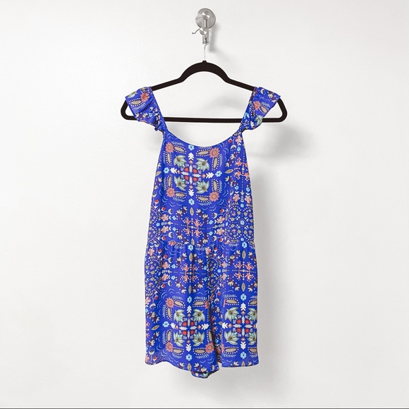 Everly Pants - Everly Boho Mixed Pattern Floral Romper Blue SMALL